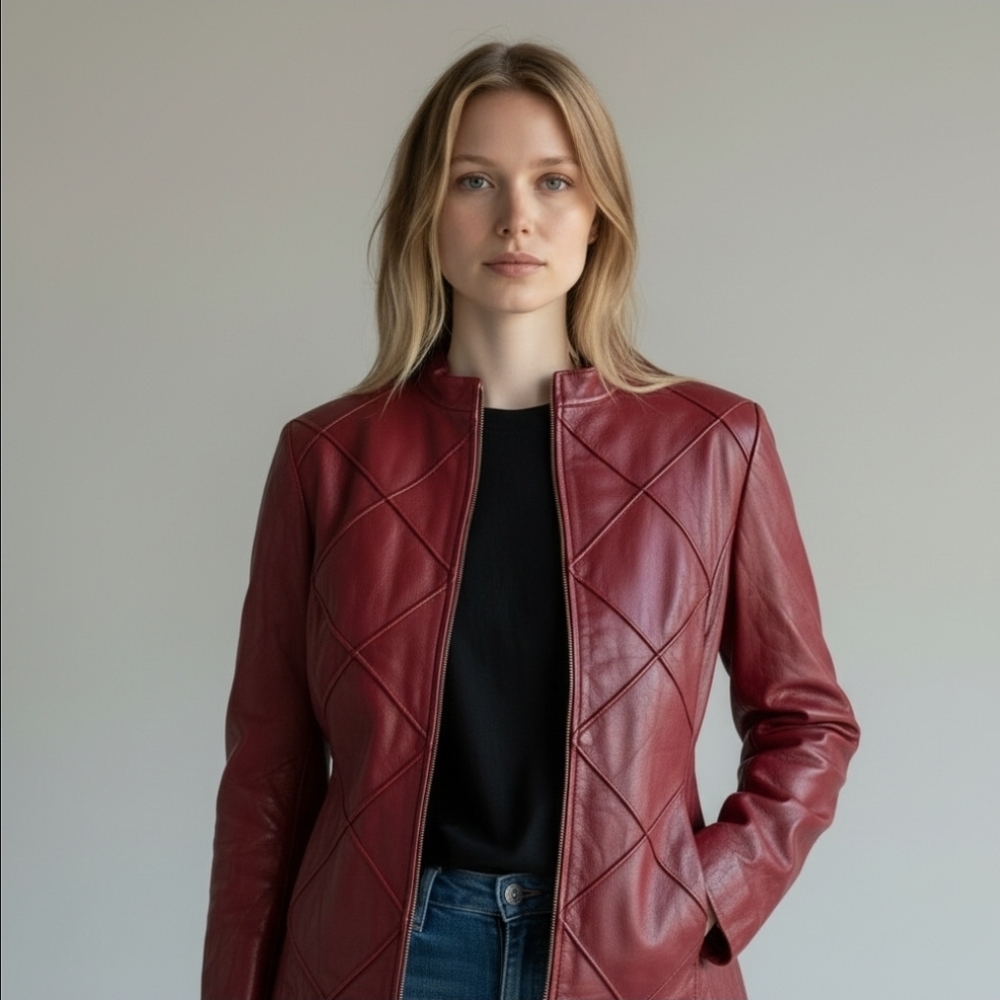 Y2K‎ Oxblood Red Leather Jacket Patchwork Zipup Sz M Medium VTG Mossimo
